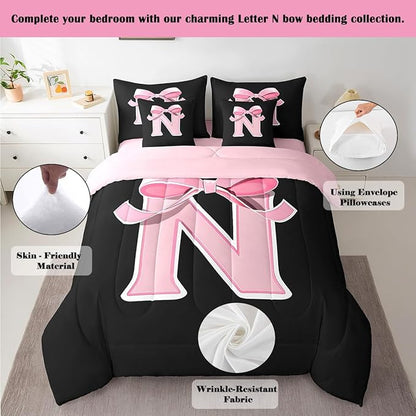 jejeloiu Kawaii Pink Bow Full Comforter Set with Sheets,Gifts for Women Teen Girl,Monogrammed 7 Piece Bedding Set,Soft Personalized Initial Letter N Bed in a Bag with Comforter,Sheets,Pillowcases