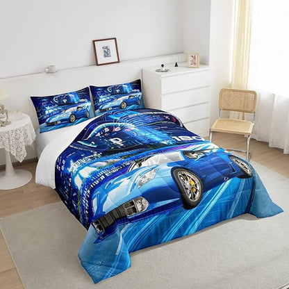 Feelyou Boys Extreme Sports Bedding Set - Race Car Down Duvet Comforter and 2 Pillowcases in Blue for Kids - Queen Size