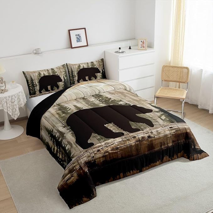 Feelyou Bear Comforter Set Wildlife Hunting Bedding Set for Kids Boys Girls Rustic Cabin Comforter Farmhouse Quilt Set Bedroom Collection 2Pcs Toddler Size