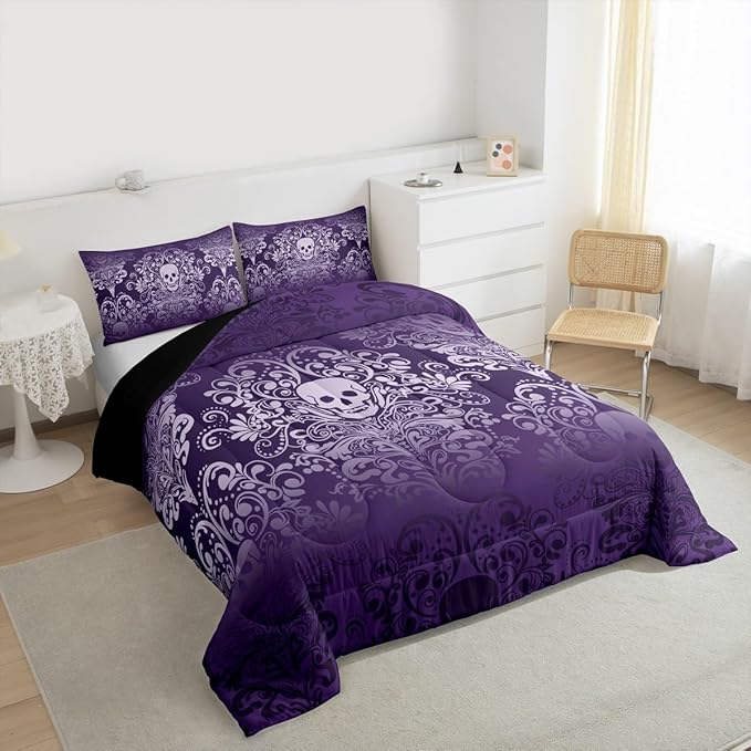 Feelyou Adults Gothic Skull Bedding Set King Size Kids Damask Print Comforter Goth Bohemian Duvet Breathable Soft Lightweight Microfiber Purple Room Decor with 2 Pillowcases
