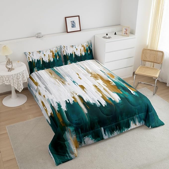 Erosebridal Teal Comforter Full Graffiti Ombre Bedding Set, Brush Strokes Oil Painting Down Comforter Modern Contemporary Bed Set, Chic Vintage Abstract Gradient Quilted Duvet 3 Pieces