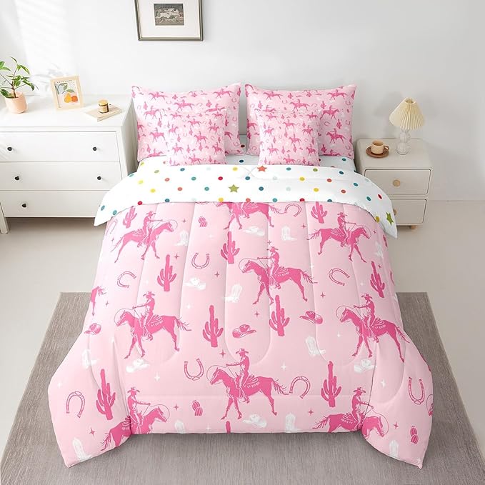 Feelyou Pink Western Cowgirl Comforter Set with Sheets King Size Kids West Cowboy Horse 7 Pieces Bedding Set for Boys Girls Teens Rodeo Horseshoe Hat Bed in a Bag Grunge Design Bed Set Cactus
