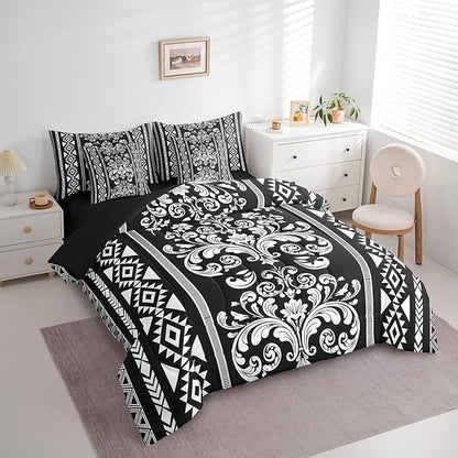 Comforter Set Twin Size, Black and White Damask Aztec 7 Pcs Bedding for Kids Adults, Antique Decor Western Baroque Gothic Bed Sheet Sets with Fitted Sheet 2 Pillowcases & 2 Shams for Bedroom Bed Decor