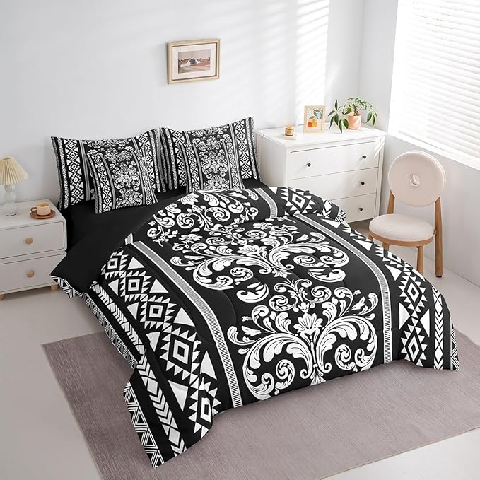 Comforter Set Queen Size, Black and White Damask Aztec 7 Pcs Bedding for Kids and Adults, Baroque Western Gothic Floral Bed Sheet Sets with Fitted Sheet 2 Pillowcases & 2 Shams for Bedroom Bed Decor