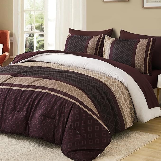 Cottolester Boho Comforter Set Queen Size,Red Brown Striped Bed in a Bag,Plaid Comforter and Sheet Set,Soft Microfiber Complete Bedding Sets