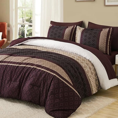 Cottolester Boho Comforter Set Queen Size,Red Brown Striped Bed in a Bag,Plaid Comforter and Sheet Set,Soft Microfiber Complete Bedding Sets