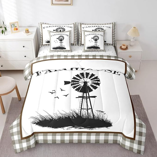 Erosebridal Full Size Windmill Comforter Sets with Sheets 7-Piece Rustic Farmhouse Grid Comforter Set Bed-in-a-Bag with 1 Flat Sheet 1 Fitted Sheet 2 Pillowcases and 2 Throw Pillow Covers
