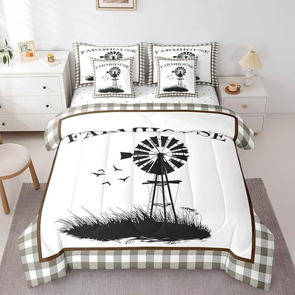 Erosebridal King Size Windmill Comforter Sets with Sheets 7-Piece Rustic Farmhouse Grid Comforter Set Bed-in-a-Bag with 1 Flat Sheet 1 Fitted Sheet 2 Pillowcases and 2 Throw Pillow Covers