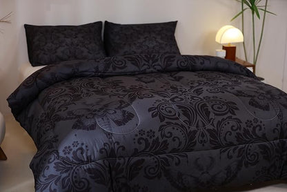 Feelyou Adults Gothic Comforter Set Twin Size Dark Olive Green Damask Comforter Death Moth Bohemia Boho Bedding Set Goth Skull Duvet Set Vintage Victorian Baroque Floral Quilt Set 2Pcs