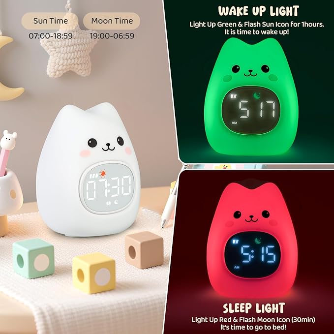 Cat Alarm Clock with Night Light for Kids with Sleep Training and Sound Machine, Rechargeable Silicone Lamp OK to Wake Clock，Cute Animal Tabletop Lamp, Perfect Sleep Companion for Boys Girls