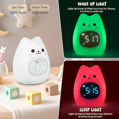 Cat Alarm Clock with Night Light for Kids with Sleep Training and Sound Machine, Rechargeable Silicone Lamp OK to Wake Clock，Cute Animal Tabletop Lamp, Perfect Sleep Companion for Boys Girls