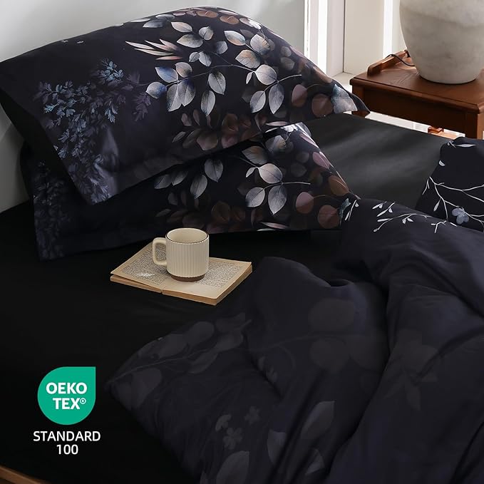 Xruibed Black Comforter Set King Size 7 Pieces Bed in a Bag, Botanical Floral Print Bed Sets, Elegant Flower Comforter with Sheet Set, Soft Microfiber Bedding Set for All Season (Black, 104"x90")