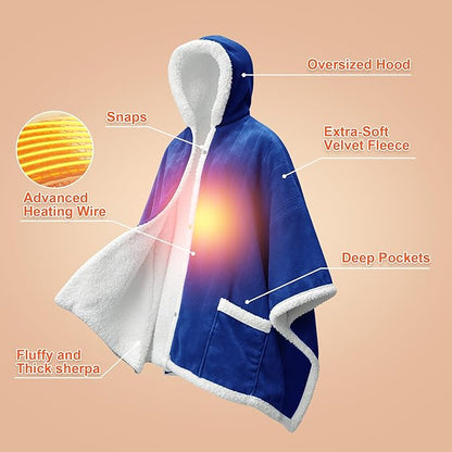 Myiosus Heated Blanket Wearable Shawl, Electric Wrap Poncho Blanket Hoodie with Pockets, Velvet & Sherpa Heating Throw with 6 Heating Levels & 4 Time Settings,Birthday Gifts for Mom, 50 x 64 Inch,Navy