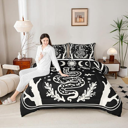 Erosebridal Halloween Gothic Toddler Bedding Set, Goth Snake Comforter Set for Kids Boys Girls Teens Women Men Retro Halloween Decor, Sun and Moon Black Comforter, Terror Theme Black Goth Quilt