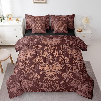 Erosebridal Gothic Damask Bed in a Bag King Size Comforter Set 7 Pieces,Sun Moon Tree of Life Bedding Sets Brown Victorian Floral Goth Sheet Set with Comforter