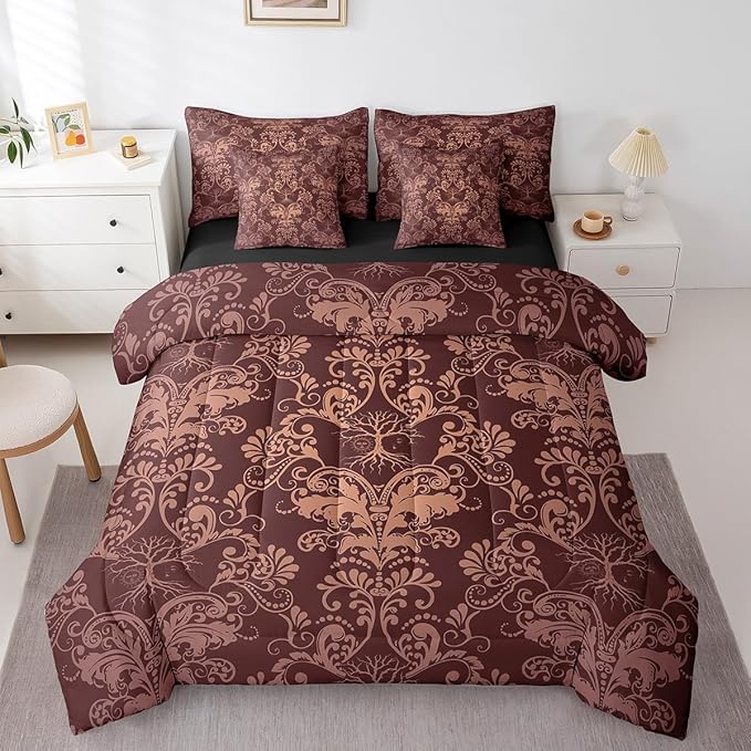 Erosebridal Gothic Damask Bed in a Bag Queen Comforter Set 7 Piece,Sun Moon Tree of Life Bedding Sets Brown Victorian Floral Goth Sheet Set with Comforter