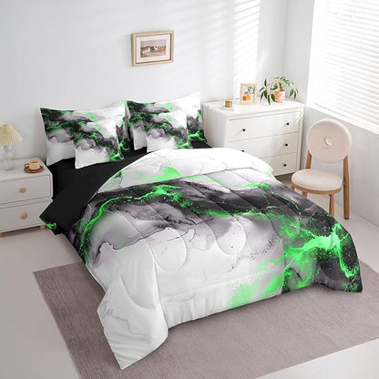 Black and Green Marble King Comforter Set 7-Piece Modern Marbling Bedding Comforter Sets, Mountain Fluid Bed in a Bag Grey Aesthetic Bedding Set, Abstract Art Bed Sheets Set Boys Girls Room Decor