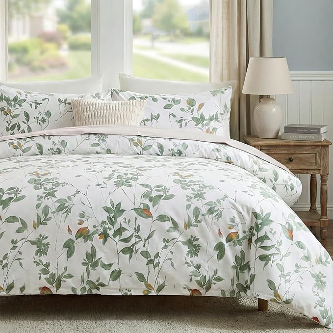 Floral Comforter Set King Size 100% Cotton Comforter Green Floral Bedding Comforter Set 3 Pcs Ultra Soft and Easy Care Reversible Lightweight Bedding Sets