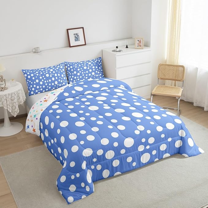 Manfei White Polka Dots Teens Comforter Set,French Style Cute Dots Print Bedding Set All Season,Blue White Simple Geometric Circles Comforter 3 Pcs with 2 Pillowcases,Queen Size