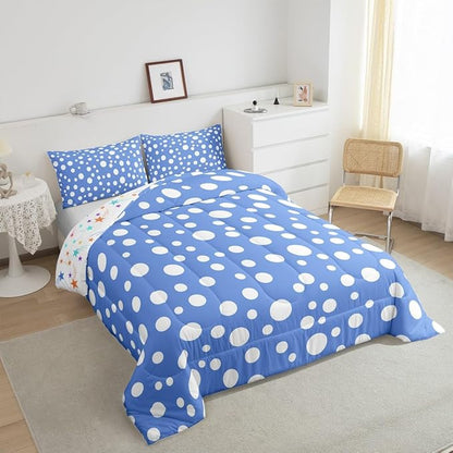 Manfei White Polka Dots Young Comforter Set,French Style Cute Dots Print Bedding Set All Season,Blue White Simple Geometric Circles Comforter 3 Pcs with 2 Pillowcases,Full Size