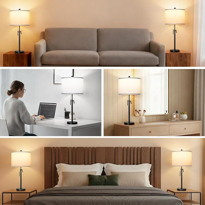 Table Lamps for Bedrooms Set of 2, 22" to 30" Height Adjustable Nightstand Lamps with Linen Shade, Pull Chain Switch Lamps for Living Room, 3 Way Dimmable Beside Lamp