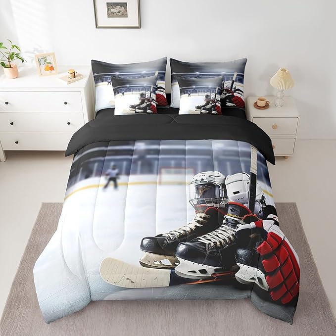 Feelyou Hockey Comforter Set Twin Size 7 Pcs Ice Hockey Comforter Bed in a Bag Winter Sports Bedding Set for Boys Girls Teens Hockey Lover Bed Set with Sheets, Pillowcases, Pillow Covers