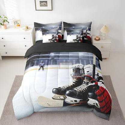 Feelyou Hockey Comforter Set Twin Size 7 Pcs Ice Hockey Comforter Bed in a Bag Winter Sports Bedding Set for Boys Girls Teens Hockey Lover Bed Set with Sheets, Pillowcases, Pillow Covers