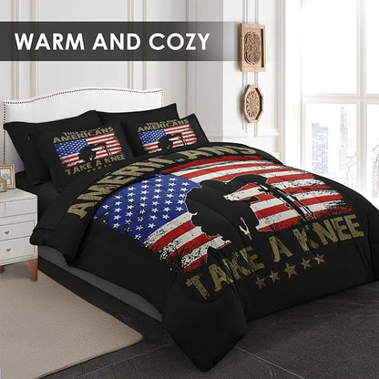 Comforter Set Full Size, American Flag Military Gun 7 Pcs Bedding for Kids and Adults, Memorial America Army Bed Sheet Sets with Fitted Sheet 2 Pillowcases & 2 Shams