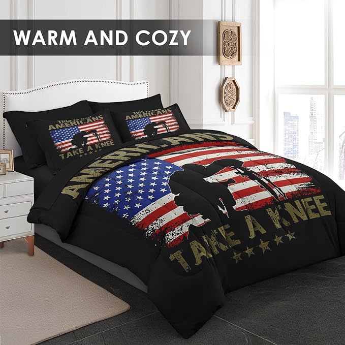 Comforter Set Queen Size, American Flag Military Gun 7 Pcs Bedding for Kids and Adults, Memorial America Army Bed Sheet Sets with Fitted Sheet 2 Pillowcases & 2 Shams