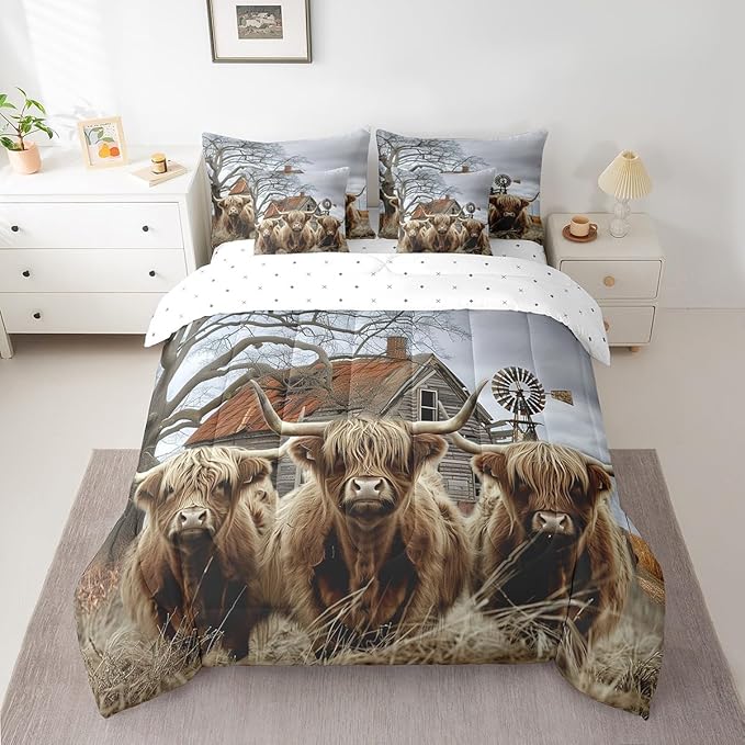 Erosebridal 7Pcs King Size Highland Cow Comforter Sets with Sheets Rustic Farmhouse Decor Bedding Bed-in-a-Bag(1 Comforter, 1 Flat Sheet 1 Fitted Sheet 2 Pillowcases and 2 Throw Pillow Covers)