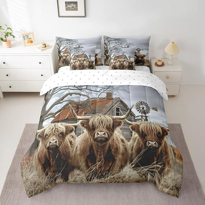 Erosebridal 7Pcs Full Size Highland Cow Comforter Sets with Sheets Rustic Farmhouse Decor Comforter Set Bed-in-a-Bag(1 Comforter, 1 Flat Sheet 1 Fitted Sheet 2 Pillowcases and 2 Throw Pillow Covers)