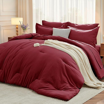MUXHOMO 5 Pieces Twin XL Comforter Set, Soft Bed in a Bag Twin XL Size, All Season Bedding Set with Comforter, Flat Sheet, Fitted Sheet, Pillowcases & Shams, Burgundy Red