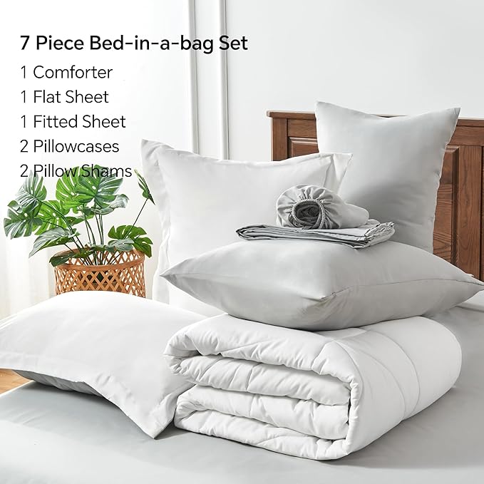 BEDELITE California King Size Comforter Set 7 Pieces Bed in A Bag - Soft Microfiber Reversible Cal King White Bed Set with Comforters, Sheets, Pillowcases & Shams, Cozy Bedding Sets for All Season
