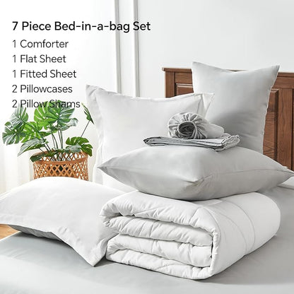 BEDELITE California King Size Comforter Set 7 Pieces Bed in A Bag - Soft Microfiber Reversible Cal King White Bed Set with Comforters, Sheets, Pillowcases & Shams, Cozy Bedding Sets for All Season