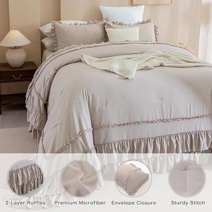 QSH Taupe Oversized California King Ruffled Bed Comforter Set 128x120, Farmhouse Vintage Chic Comforter French Country Shabby Bedding Comforter Soft Microfiber Fluffy Bedding 3 PCs