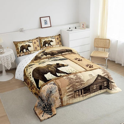 Feelyou Western Rustic Bear Comforter Set King Size, Wooden Board Farmhouse Duvet Insert, Forest Animal Wildlife Hunting Country Brown Patchwork Bear Paw Print Quilt,1 Comforter 2 Pillow Shams