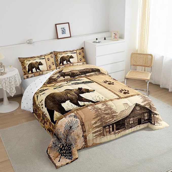 Feelyou Western Rustic Bear Comforter Set Queen Size, Wooden Board Farmhouse Duvet Insert, Forest Animal Wildlife Hunting Country Brown Patchwork Bear Paw Print Quilt,1 Comforter 2 Pillow Shams