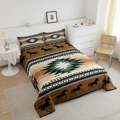Feelyou Rustic Western Bedding Set Full Size Kids Brown Southwestern Aztec Comforter for Boys Girls Teens Western Horse Comforter Set Soft Microfiber Boho Geometric Room Decor