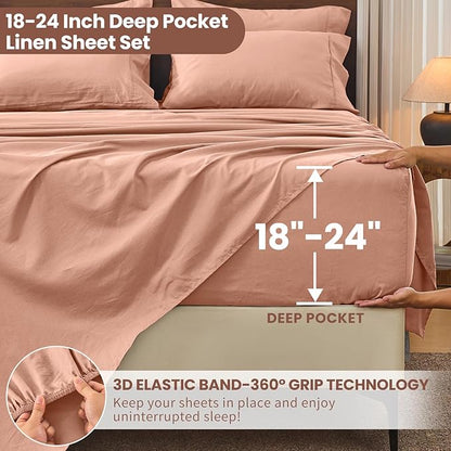 Bedlifes 100% French Linen Sheets King Size 18-24”Extra Deep Pocket 4-Piece Set Breathable & Moisture-Wicking,Soft & Durable Sheets for Thick Mattresses(Blush Pink)
