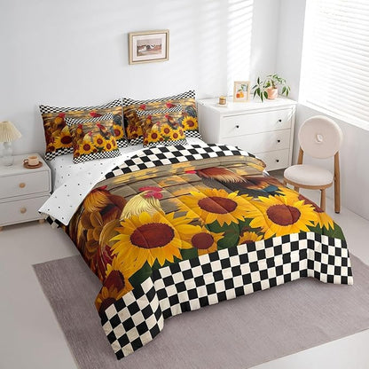 Erosebridal 7 Pcs Rooster Comforter Set Twin Size,Rustic Chick Sunflower Bed in a Bag with Flat Fitted Sheet for Kids and Adults,Farm Plaid Wooden Bedding Set with Pillowcases and Cushion Cases