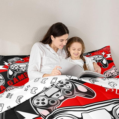 Erosebridal Gamer Comforter Sets for Boys Full Size,Gaming Bedding Sets for Boys Kids Teens Gamepad Gaming Comforter Set Game Room Decor,Red Black 3Pcs