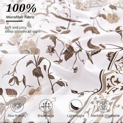 Dobuyly Brown Queen Comforter Set, 7 Piece Bed in a Bag Queen Size Floral Botanical Bedding Set, Soft Microfiber Bedding Comforter Sets with Sheets for All Season