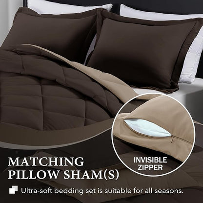 downluxe King Size Comforter Set - Brown and Tan King Comforter, Soft Bedding Sets for All Seasons -3 Pieces - 1 Comforter (104"x92") and 2 Pillow Shams(20"x36")