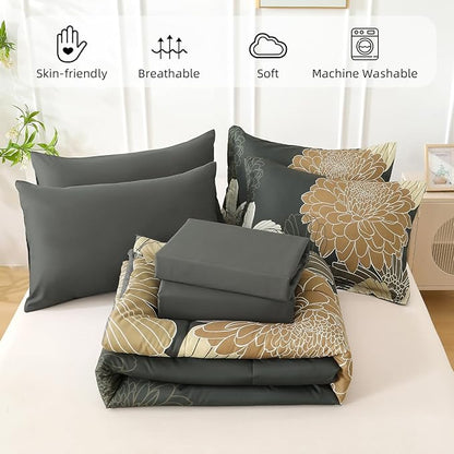 Yiran King Khaki Grey Brown Boho Comforter Set - 7 Pieces Floral Bedding Sets,Bed in a Bag Soft Microfiber Comforter with Flat Sheet Fitted Sheet Pillowshams Pillowcases
