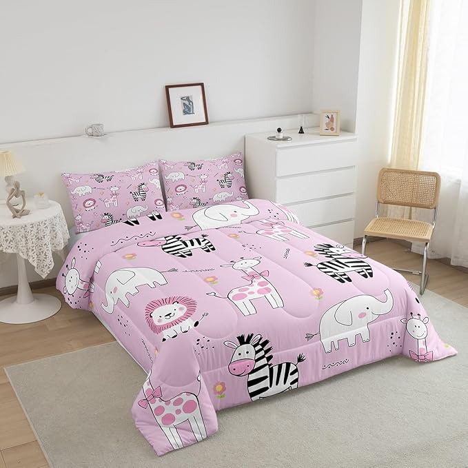 jejeloiu Pink Zoo Animals Bedding Set Full Size Cartoon Cute Comforter Set for Kids Boys Girls Giraffe Lion Zebra Elephant Duvet Set Flower Quilt Set 3Pcs