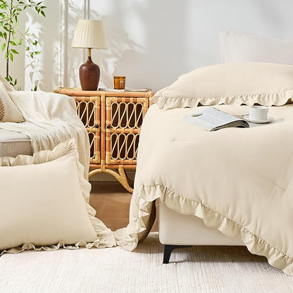 FUANNA Full Size Comforter Sets Cream White, 3 Pieces Ruffle Full Size Bedding Sets, Fluffy Bed in a Bag Full for All Seasons, Shabby Chic Full Bed Set with 1 Lightweight Comforter & 2 Pillowshams