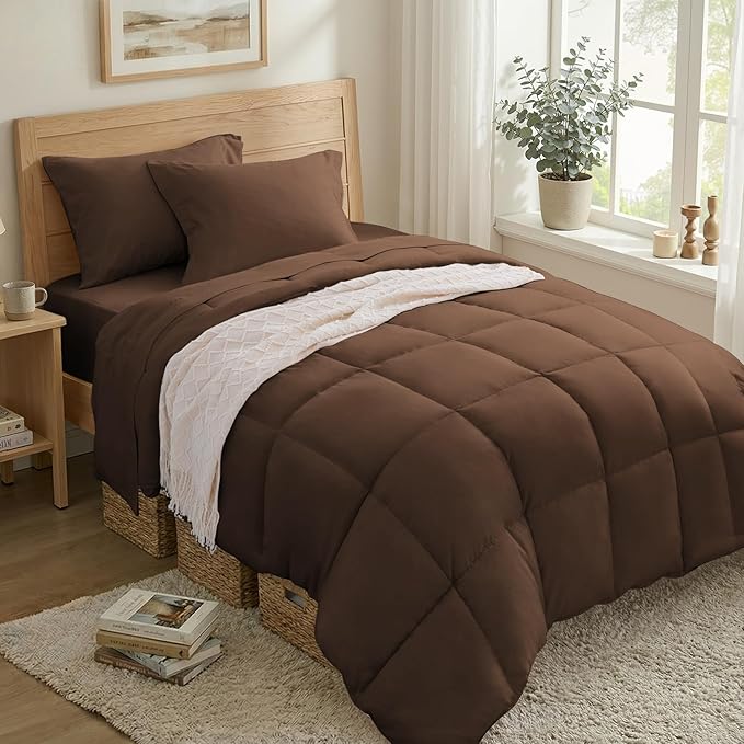 Anluoer Twin Size Bed in a Bag 5 Pieces, Brown Bed Comforter Set with Sheets, All Season Bedding Sets with 1 Comforter, 1 Pillow Sham, 1 Pillowcase, 1 Flat Sheet, 1 Fitted Sheet