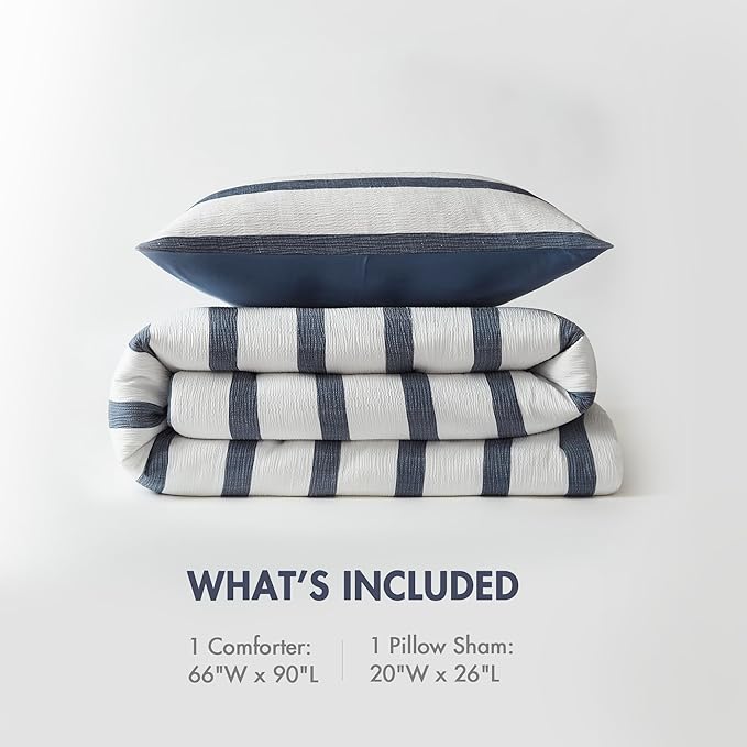 Madison Park Essentials Striped Comforter Set Twin Size, Yarn-Dyed Reversible Comforter with Minimalist Stripes, Crinkled Texture Bedding Set for All-Season Lightweight Warmth, Merritt Blue