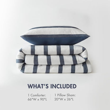 Madison Park Essentials Striped Comforter Set Twin Size, Yarn-Dyed Reversible Comforter with Minimalist Stripes, Crinkled Texture Bedding Set for All-Season Lightweight Warmth, Merritt Blue