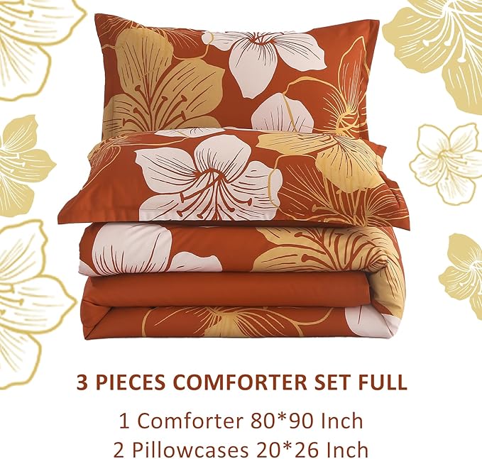Menghomeus Burnt Orange Comforter Set Full Size Floral Comforter Terracotta Botanical Bedding Sets Soft Microfiber Thanksgiving Bed Comforter Set for All Season (1 Comforter 2 Pillowcases)